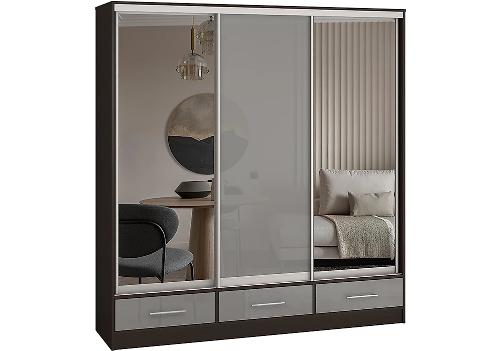 Шкаф серого цвета  Версаль-190 3 двери Зеркало-МДФ-Зеркало Дизайн-1